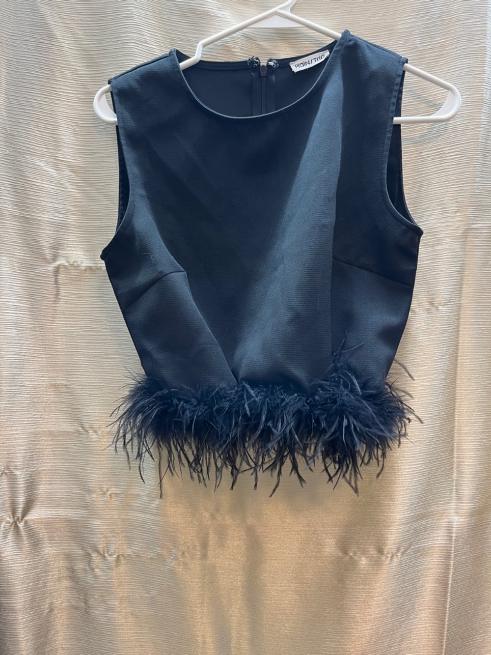Sleeveless Black Feather-Hem Crop Top by POINT ZERO